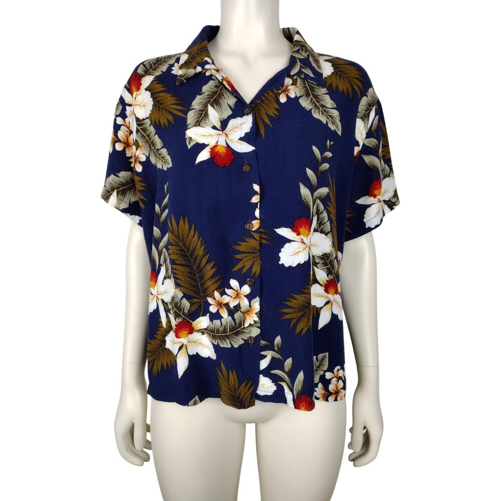 Vintage 1990s Blue Floral Short Sleeve Button Down Hawaiian Blouse Size XL